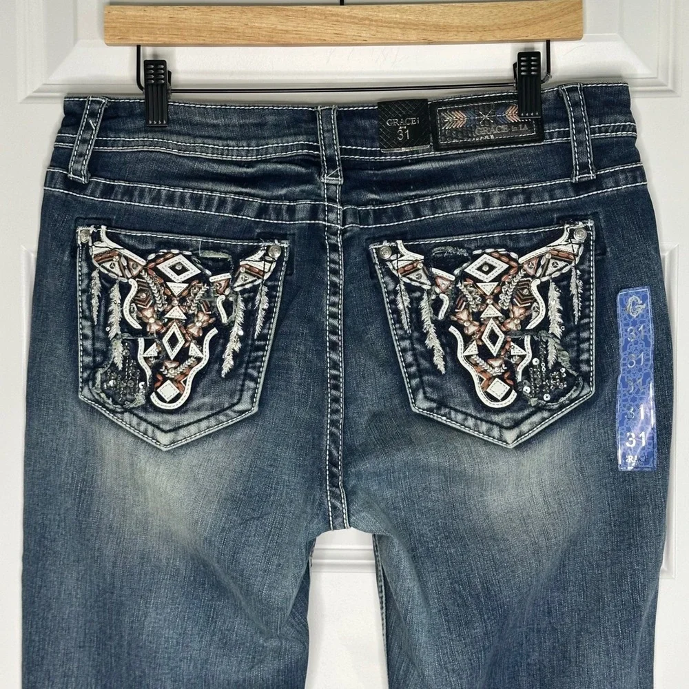 Grace in LA Women's Bootcut Jeans 31 NWT Cow Skull Embellished Easy Fit‎ Y2K